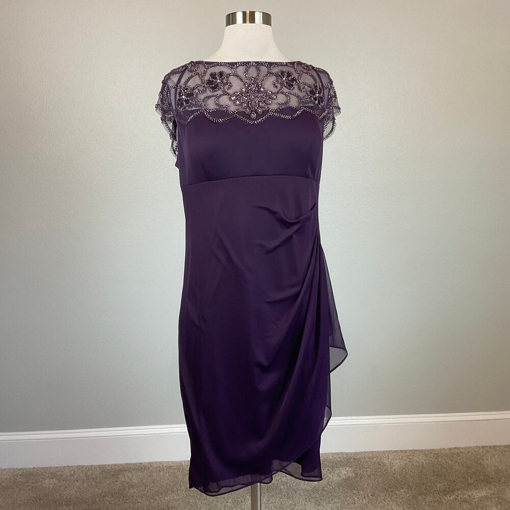 XSCAPE Beaded Chiffon Short Sleeve Ruched Sheath Cocktail Dress Purple Size 16 - Picture 2 of 12